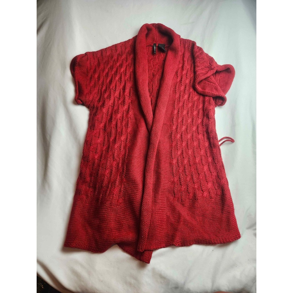 New Directions Red Cable Knit Shawl Collar Cardigan Short Sleeve Sweater Large